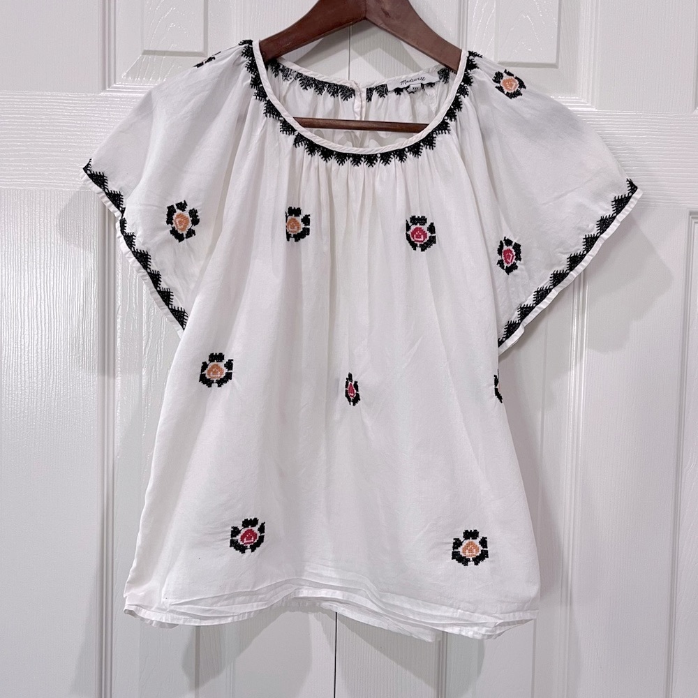 Madewell White Flutter Sleeve Top Embroidered Boho Size XXS